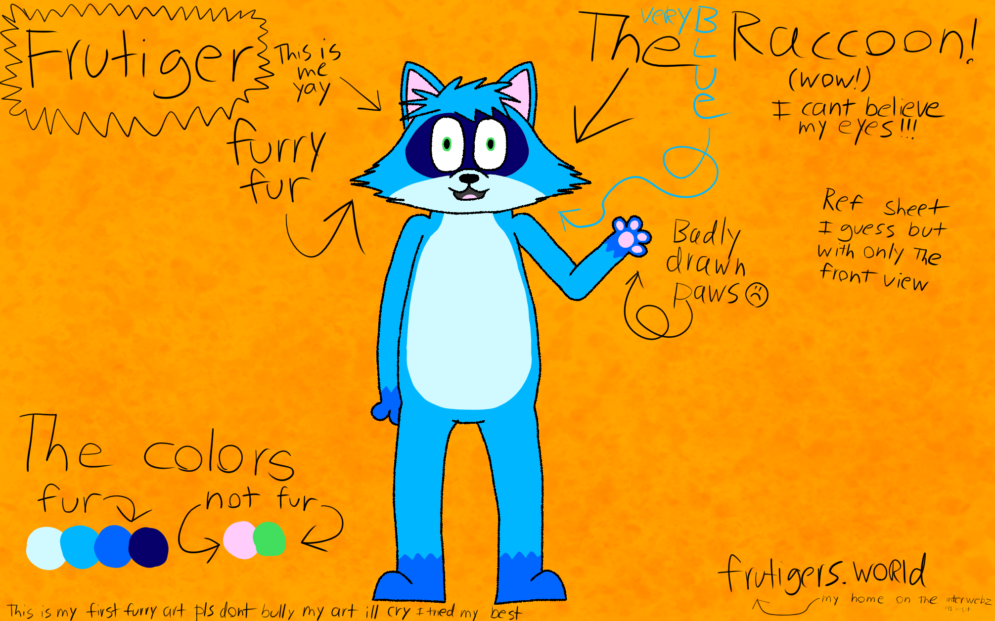 Character sheet for a furry anthro blue raccoon name Frutiger