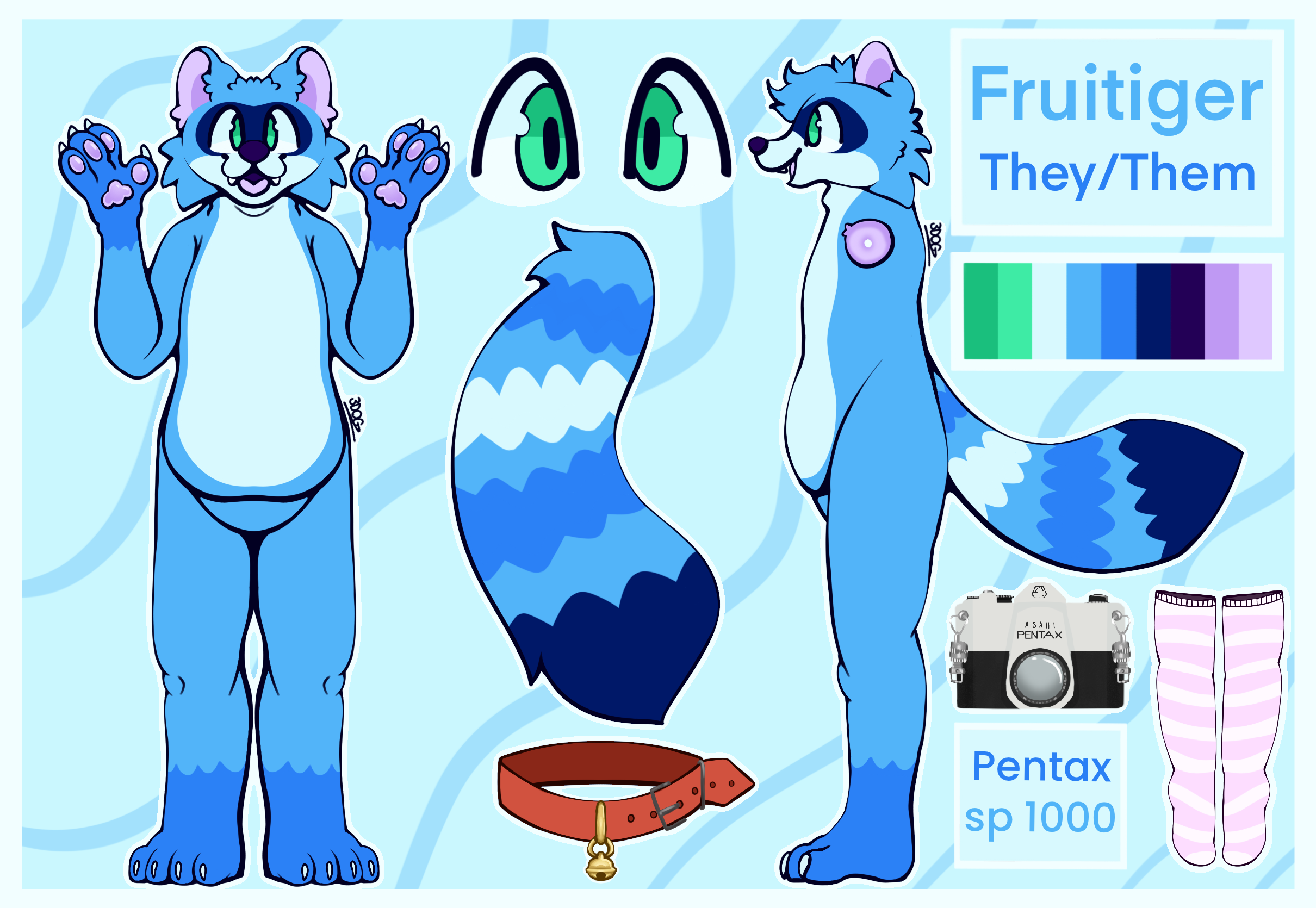 Character sheet for a furry anthro blue raccoon named Frutiger